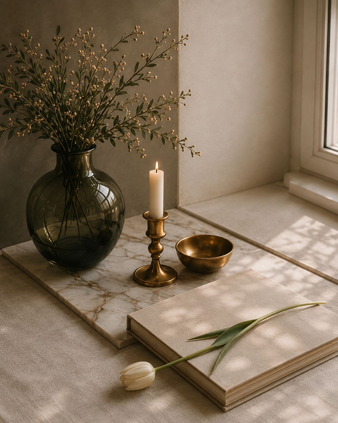 Still life with ledger, candle, brass bowl and tulip