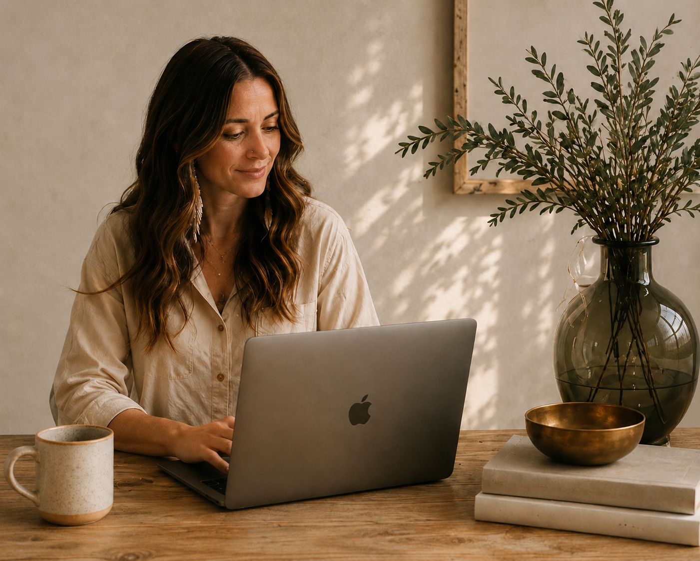Cate working at her desk in warm natural light
