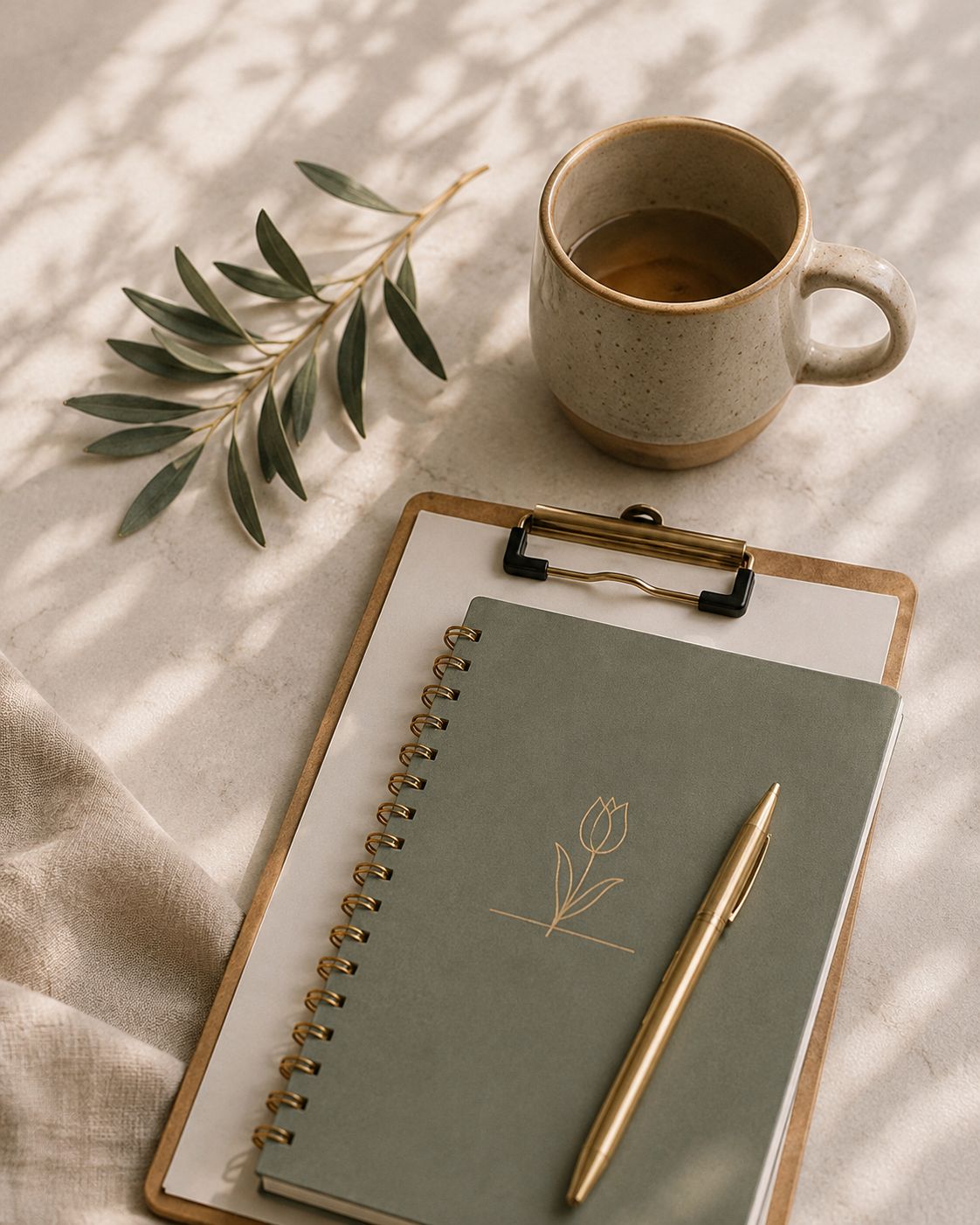 Clipboard, coffee and olive branch on a sunlit desk